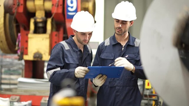 Industrial technicians reviewing inspection report beside production equipment in manufacturing factory. Teamwork, quality control, maintenance planning and industrial operations.