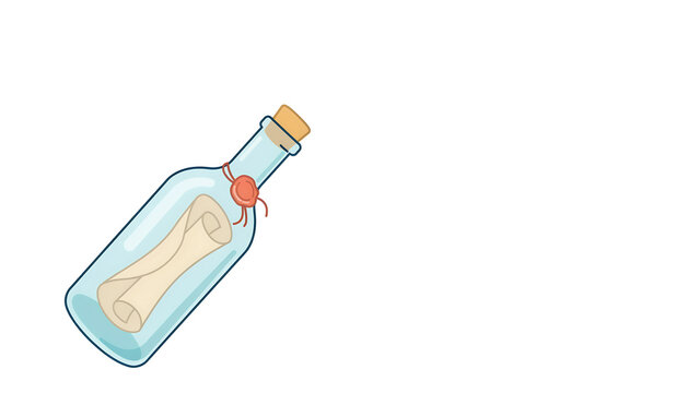 Vintage message in a bottle illustration, rolled paper scroll inside glass bottle with wax seal, nautical pirate letter on white background