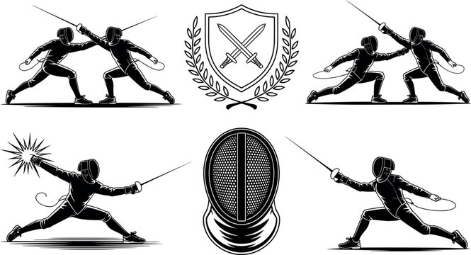 Fencing sport vector set featuring fencers in action mask helmet shield crest and crossed swords isolated on white background