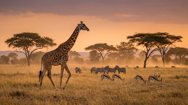 Giraffe walking in savanna with zebras and gazelles at sunset