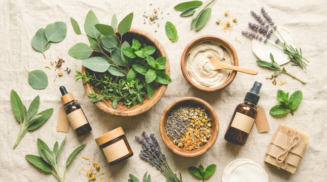 Flat lay of natural herbal skincare bottles, organic cream jars, and aromatic herbs on linen representing holistic wellness, clean beauty, and aromatherapy cosmetics.