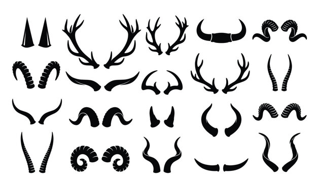Animal horns vector illustration set. Black silhouettes of deer antlers, ram, bull, goat, devil and wildlife hunting trophies.