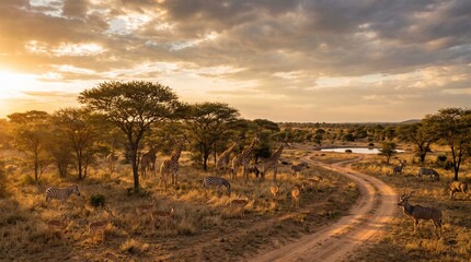 Fototapeta premium African savanna wildlife at golden hour sunset
