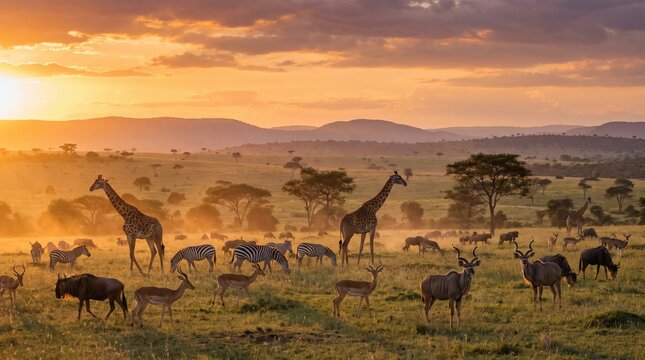 African safari at sunset with giraffes, zebras, and antelope grazing