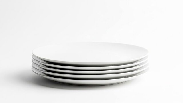 Stack of six plain white ceramic plates on white surface