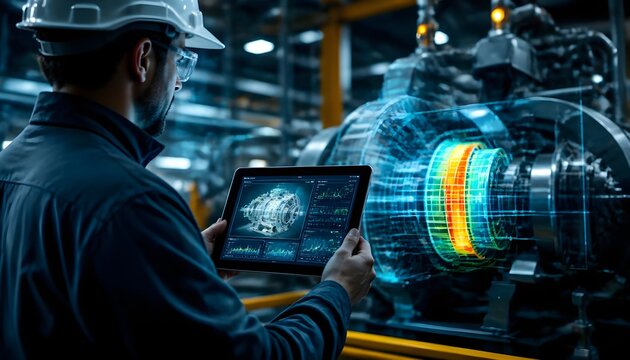 Engineer Using Industrial Tablet with Digital Twin Hologram and Real-Time Data Analytics for Predictive Maintenance in Smart Factory 