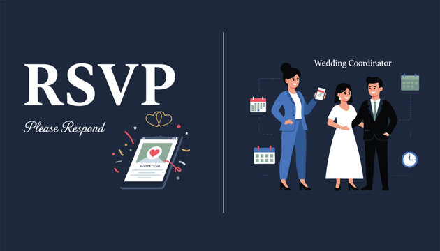 Wedding rsvp request card showing professional wedding coordinator helping a young bride and groom manage invitations.