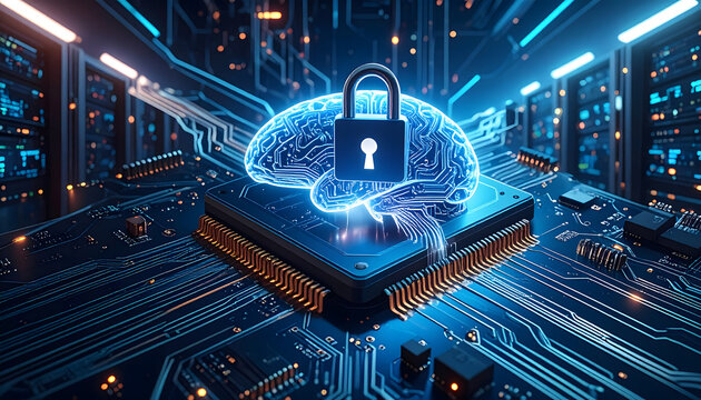 Security microchip brain processing glowing data streams within blueprint infrastructure creating precise fascinating detailed atmosphere generative AI