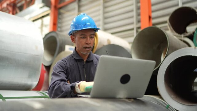 Industrial worker using laptop to review steel coil inventory inside manufacturing warehouse. Production monitoring, inventory management, quality inspection and factory operations.