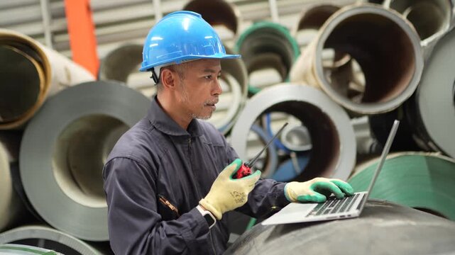 Factory technician checking production information on laptop beside steel coils in industrial warehouse. Manufacturing process, inventory control and quality assurance.