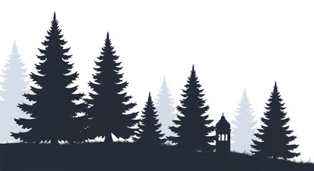 Obraz premium Silhouette of Pine Trees in a Forest Landscape with Grass and White Background