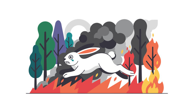 Crying wild rabbit running to escape a destructive forest wildfire causing smoke and damage to the natural habitat.