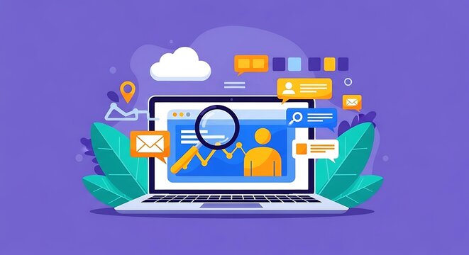 Flat illustration of laptop displaying data analytics and social media marketing icons