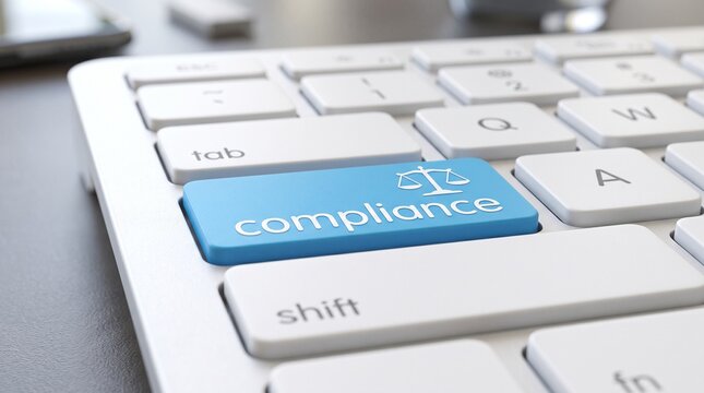 Compliance Key on Keyboard: A close-up view of a modern keyboard highlights a prominent blue key labeled compliance, featuring an icon of scales of justice.