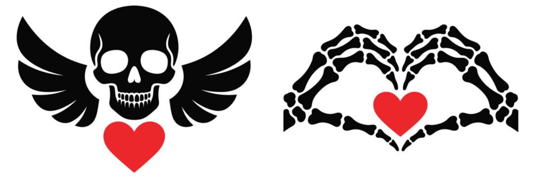 Gothic skull and wings heart illustration, skeleton hands, love symbol, dark fantasy style, tattoo graphic, edgy vector design