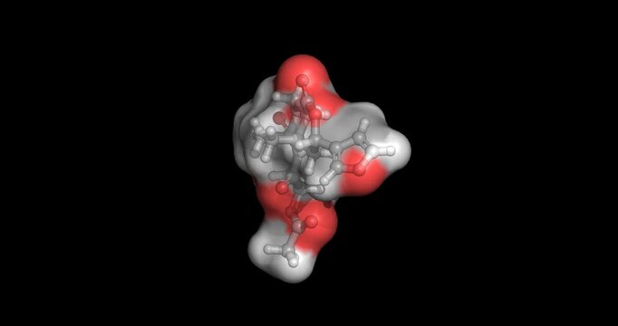Salvinorin A, powerful, naturally occurring hallucinogen from Salvia plant (diviner's sage), 3D molecule 4K spinning