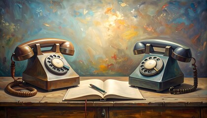 Dos teléfonos antiguos de disco junto a un libro abierto sobre una mesa de madera frente a un fondo artístico © EBG Stock Studio