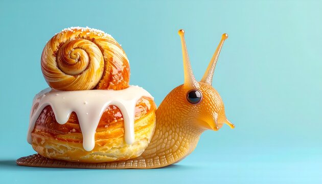 Whimsical snail with a donut body and cinnamon roll shell