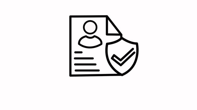 Personal identity data is secure animated icon. Shield protection and profile, people, person, human and member document with check mark animation video for authentication, safe, security and privacy
