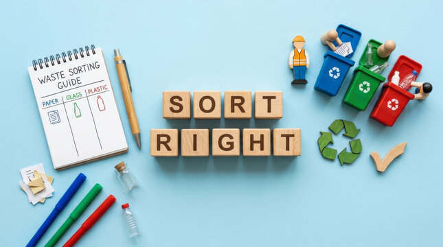Top down view of wooden blocks spelling sort right next to miniature recycling bins and a waste sorting guide representing environmental education, garbage separation, and eco friendly routines.