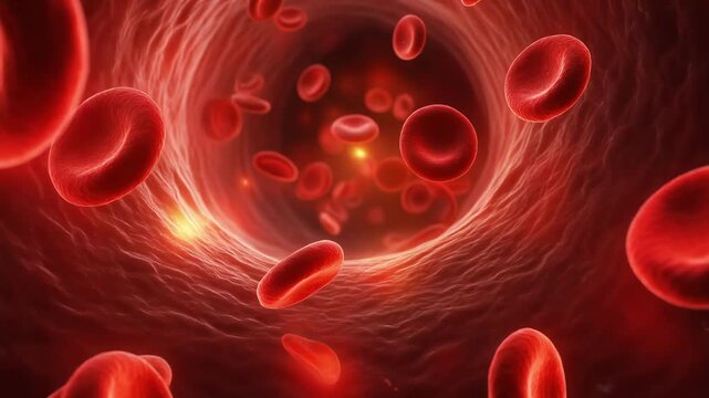 Vibrant journey through the bloodstream showing red blood cells flowing dynamically in motion