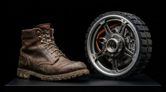 Workforce automation skills gap with boot and machine wheel on black background, concept of change and training