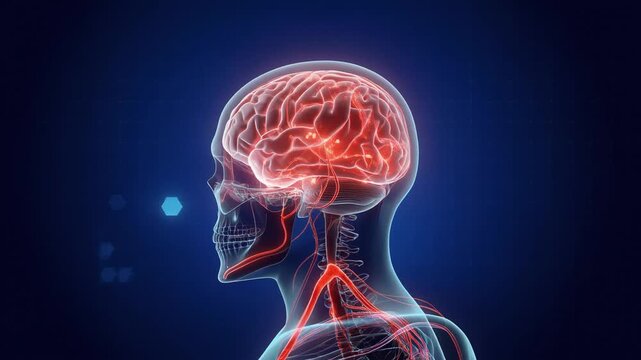 Glowing human brain with illuminated neural pathways inside transparent skull for medical and science visualization