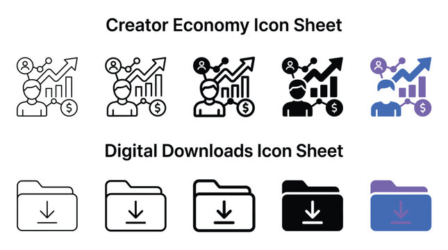 Professional vector illustration set featuring modern flat icon designs for creator economy statistics and digital download folders in various clean monochrome and vibrant gradient style variants
