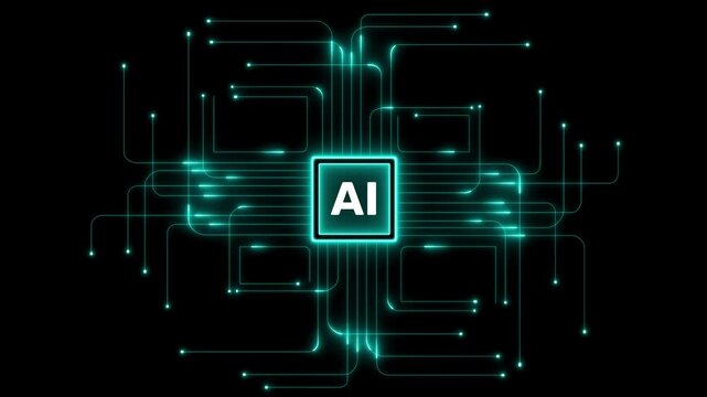 AI Processor Chip with Cyan Digital Circuit Network on Dark Black Background Featuring Futuristic Artificial Intelligence Interface and Glowing Technology Design