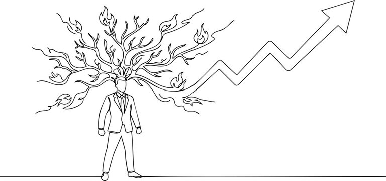Continuous one line drawing of generic businessman with burning tree branches from head transforming into rising chart for creative mindset and business growth concept vector