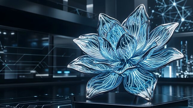 Digital lotus flower sculpture with glowing blue circuitry in a dark hightech control room