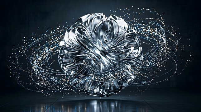 Abstract metallic sphere with flowing organic shapes surrounded by glowing digital particles and light trails