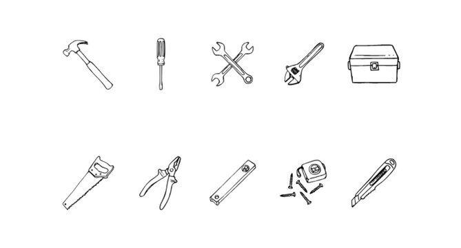 Handyman Tools Hammer Screwdriver Wrench and Toolbox Doodle Vector Set