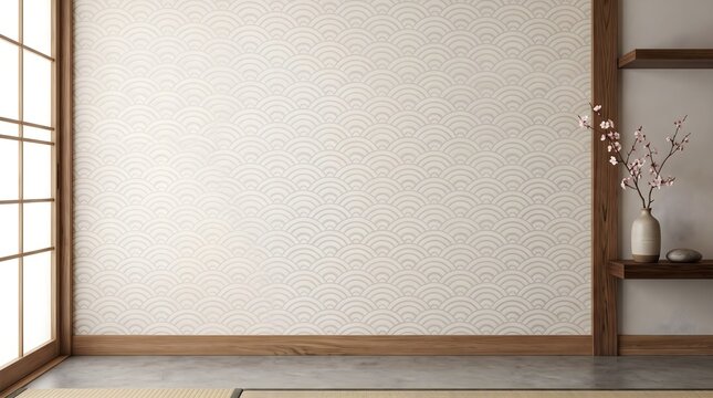 Minimal Japanese interior featuring a tatami mat, shoji window light, subtle patterned wall, wooden shelf and cherry blossom vase, evoking calm, zen and traditional Asian design for serene spaces.