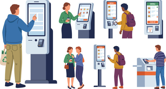  People using self service kiosk machines vector set for ordering fast food and digital payment in restaurant cafe