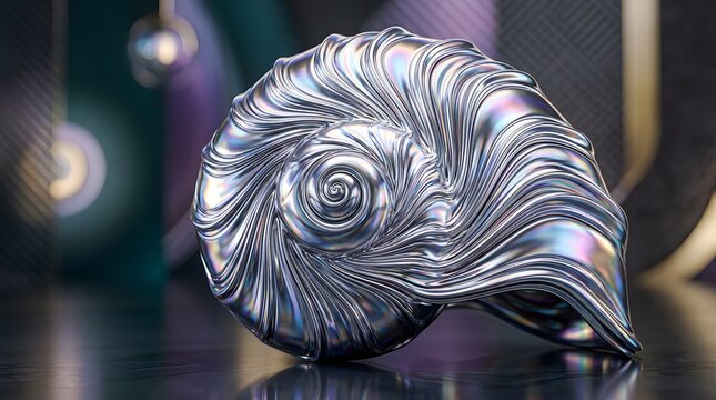 Closeup of an iridescent metallic nautilus shell sculpture with intricate spiral patterns
