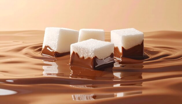 White sugar cubes in ripples of melted chocolate