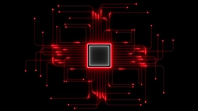 Glowing Microchip Processor with Red Circuit Network on Dark Black Background Featuring Futuristic Digital Technology Architecture and Electronic Board Design
