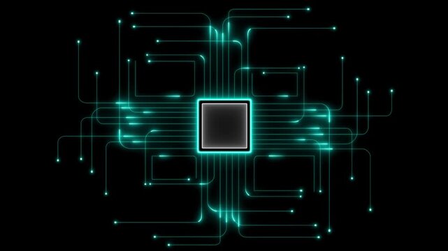 Glowing Microchip Processor with Cyan Circuit Network on Dark Black Background Featuring Futuristic Digital Technology Architecture and Electronic Board Design