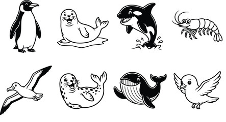 Obraz premium Cute Marine Animal Cartoon Vector Set with Penguin Seal Whale Orca and Seabirds