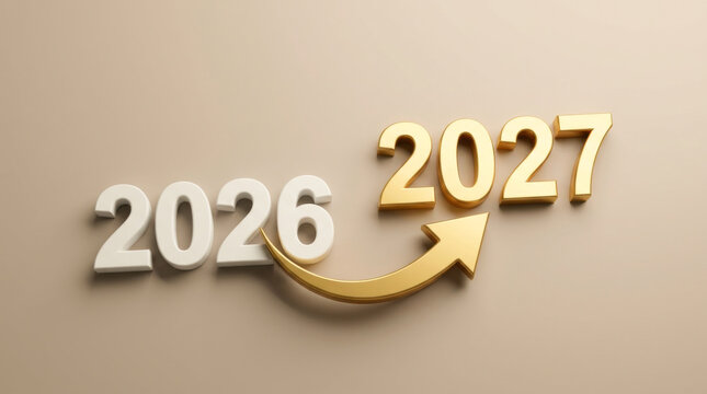 White 2026 numbers transitioning to golden 2027 with an upward arrow representing new year progress, financial growth, and successful business transition.