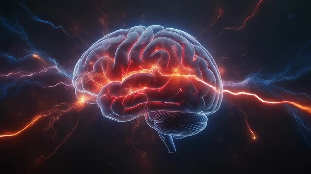 Glowing human brain with vibrant neural activity and electric sparks animation