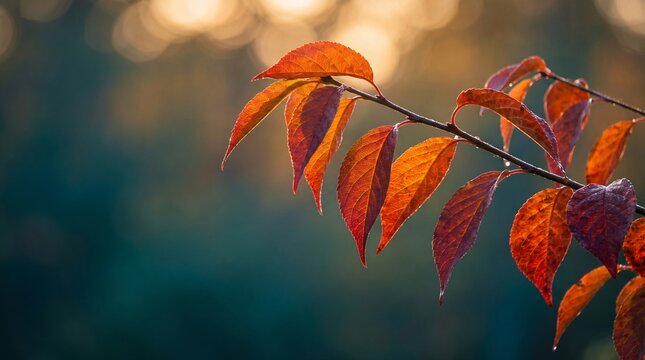 Vibrant orange-red leaves on a branch, illuminated by warm autumn sunlight, against a soft, dark bokeh background.
