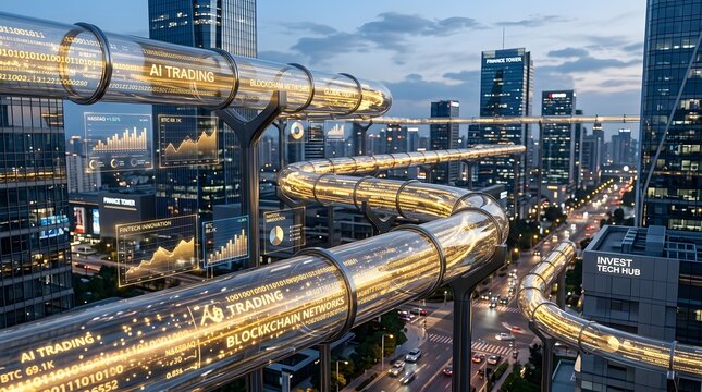 Futuristic city skyline with transparent data pipelines showing ai trading and blockchain networks