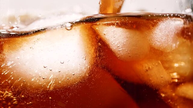 Slow motion closeup pouring cola with ice cubes and bubbles, soft drink texture