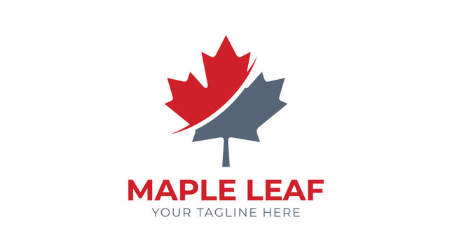 Minimalist red and dark grey maple leaf logo design featuring a creative curved cut in a flat vector graphic style