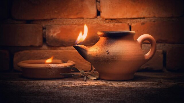 Rustic clay oil lamp flickering gently on rough wooden shelf with warm background ambiance