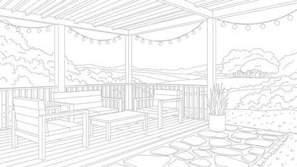 Fototapeta premium Black and white outline drawing of an outdoor patio deck with lounge furniture, string lights, potted plant, and stone pathway.