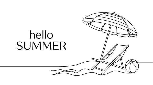 Continuous line drawing of beach scene with umbrella deckchair and ball vacation umbrella monoline