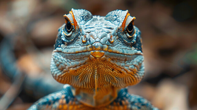 Close up of a lizard's face with orange markings